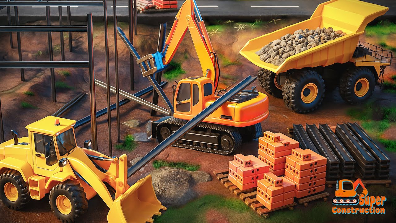 Construction Works: Excavator, Dump Truck & Bulldozer Build the Next Phase of the Project