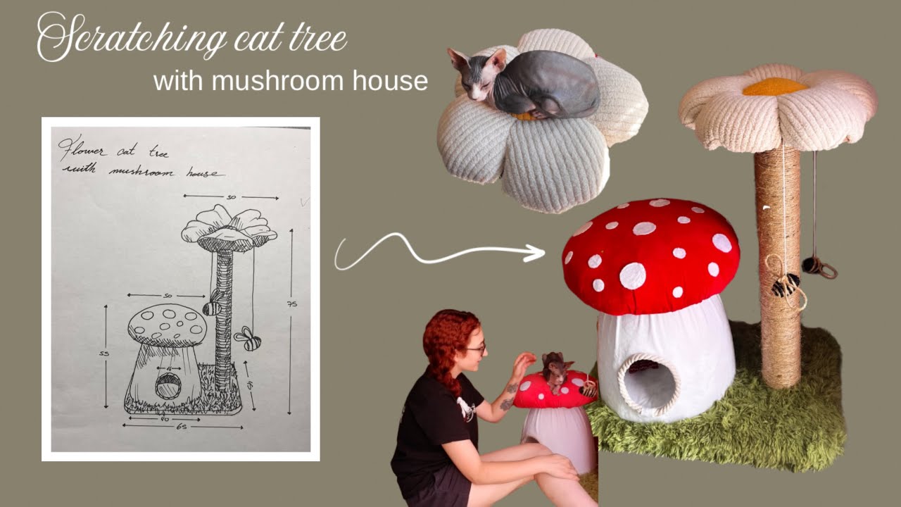 CAT TREE DIY | Making a cat tree with mushroom house and scratching post 🍄