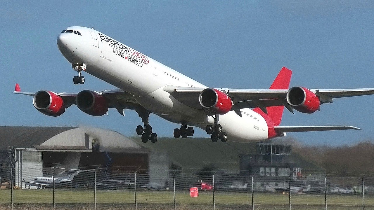 FIRST Airbus A340-600 G ECLM takeoff at Teesside International Airport