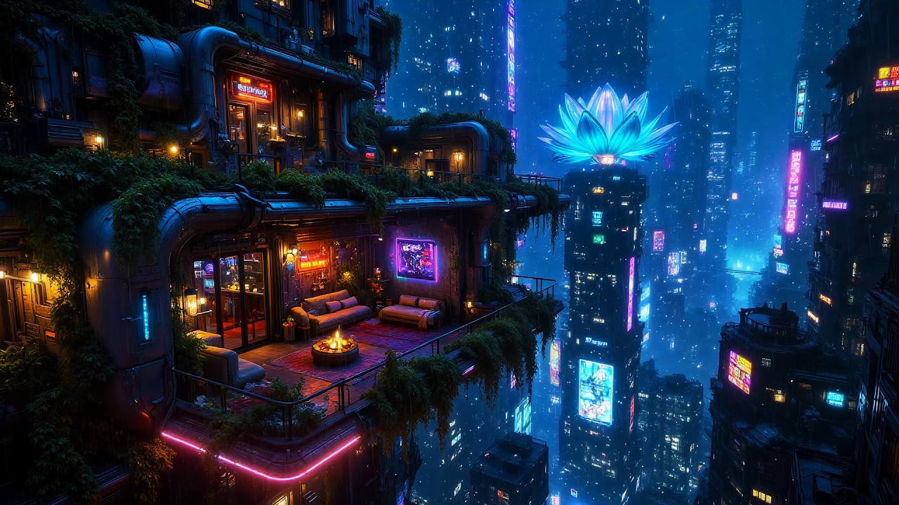 Lofi Ambient – Futuristic Apartment Balcony in Blue Neon Rain | Relaxing Cyberpunk Cityscape | 4K