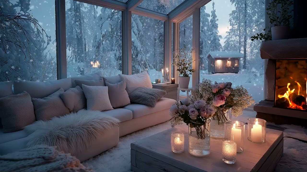 🌨️🔥 Cozy Fireplace & Piano | White Lounge with Candles & Snow (5 Hours) | Sleep Relax Focus Healing