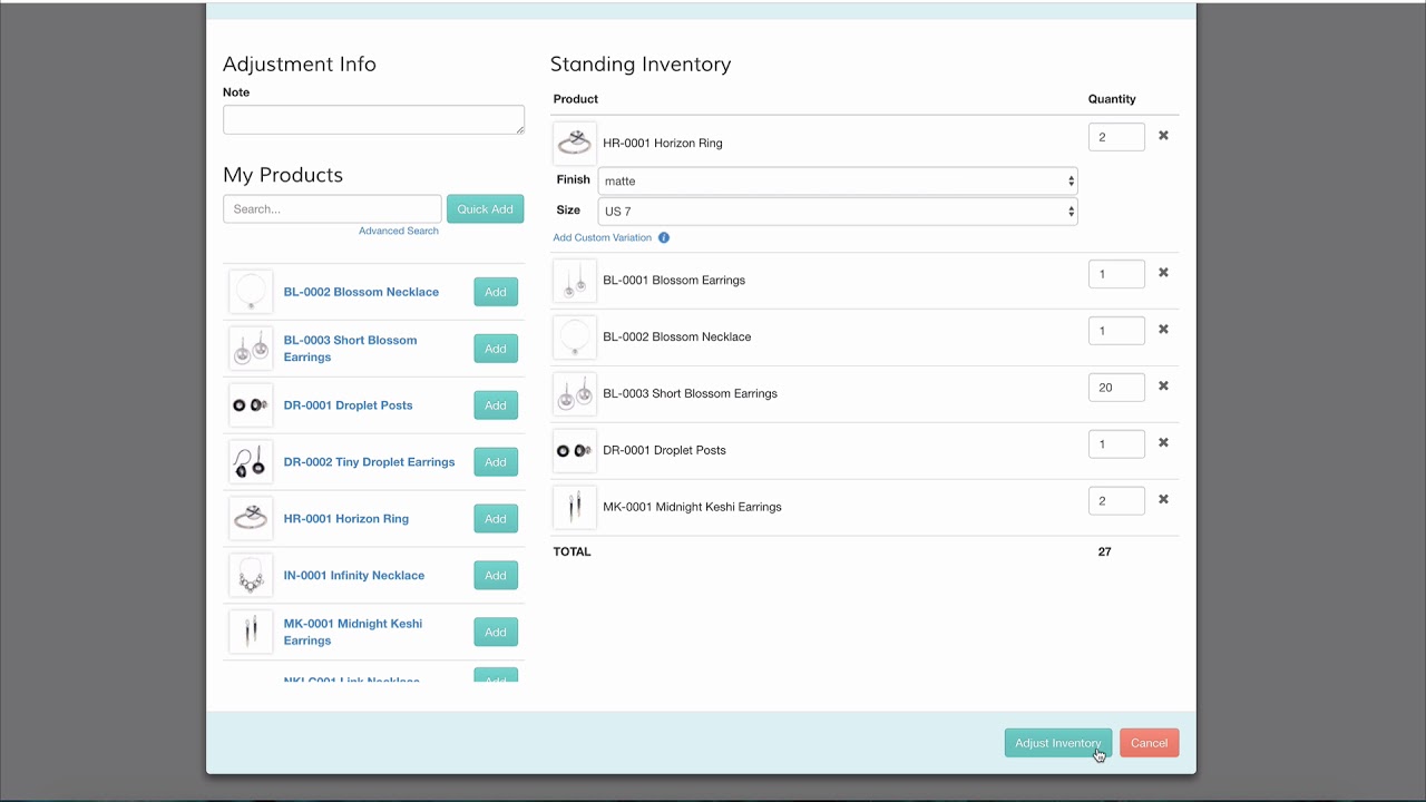 Add Standing Inventory to BenchWorks without Production Run
