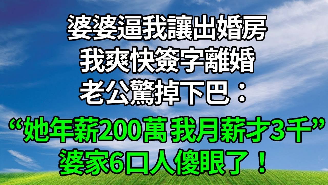 婆婆逼我讓出婚房，我爽快簽字離婚，老公驚掉下巴：“她年薪200萬 我月薪才3千”，婆家6口人傻眼了！#生活經驗 #正能量 #情感故事