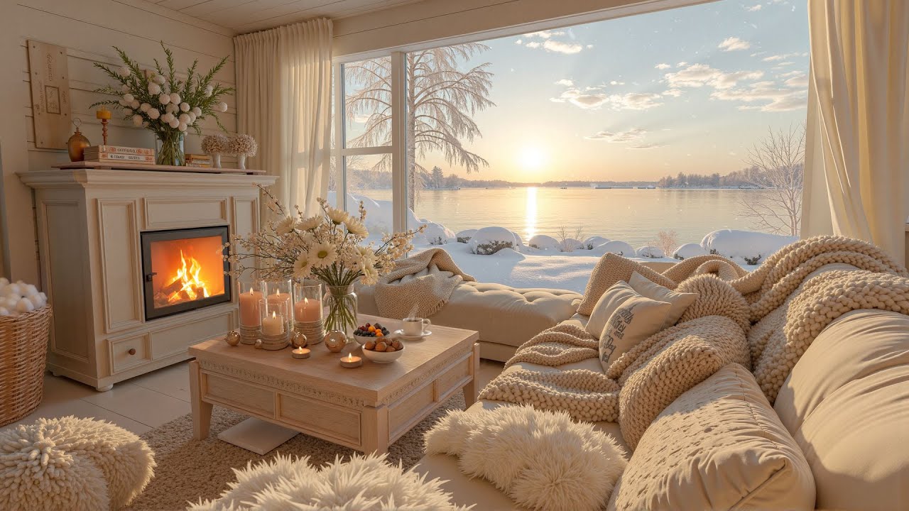 ☕ Peaceful Winter Morning Jazz in a Sunrise Lakeside cabin ❄ Warm Fireplace Ambience for Focus, Calm