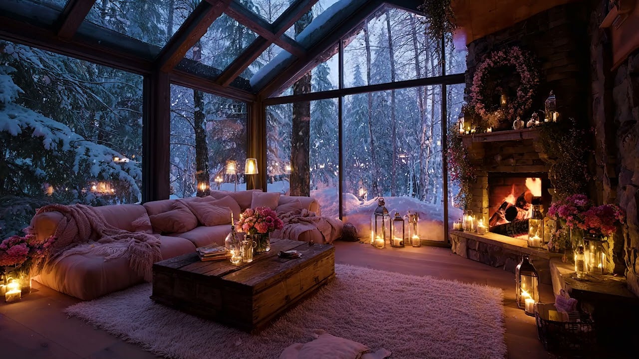 Silent Snowy Wind Outside at Night | Gentle Fireplace Crackles for Warmth and Deep Relaxation