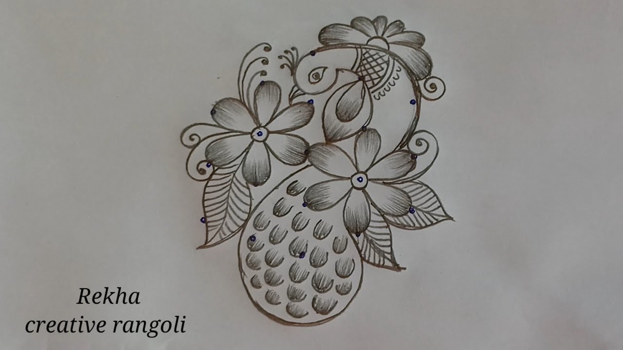 beautiful peacock rangoli (5*3) | creative mayil kolam | easy flower rangoli@rekhacreativerangoli