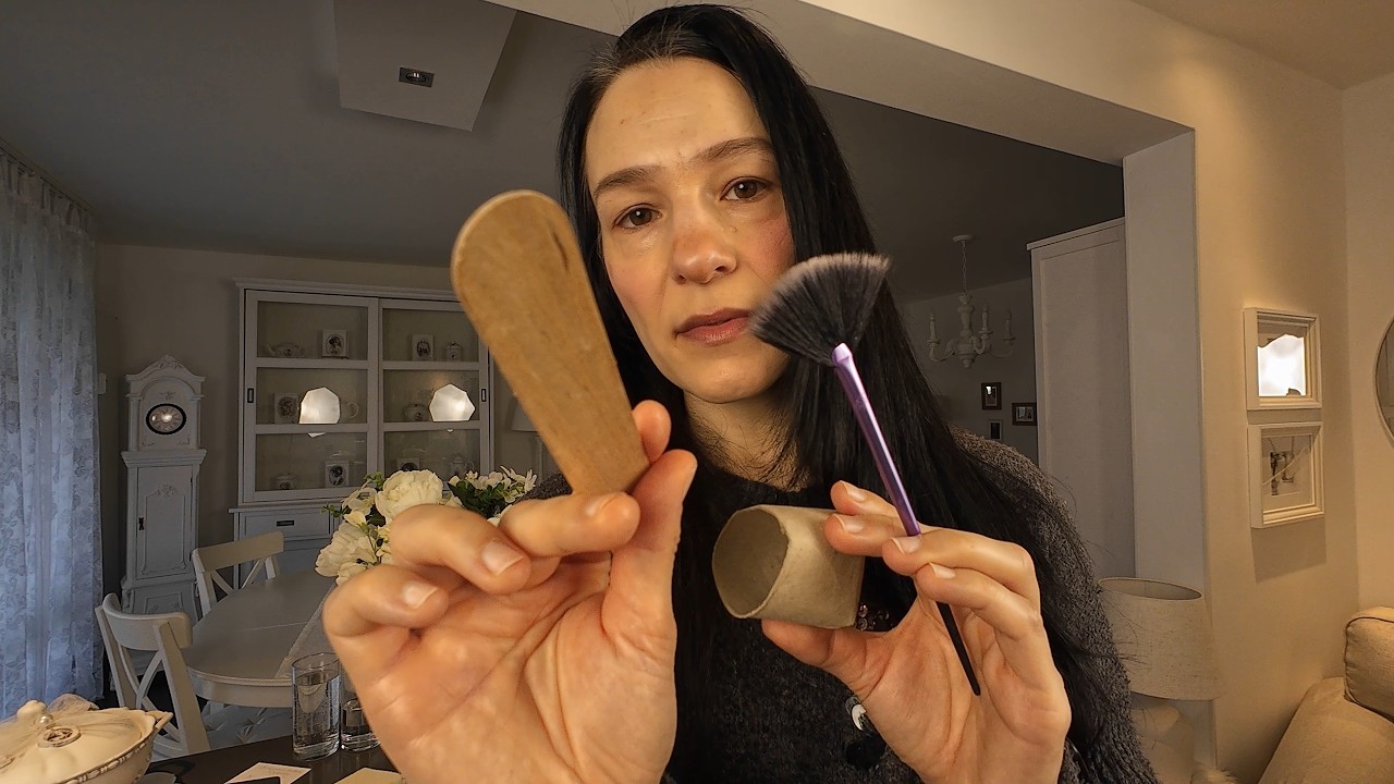 brush, cardboard, sponge, wooden stick, stapler asmr