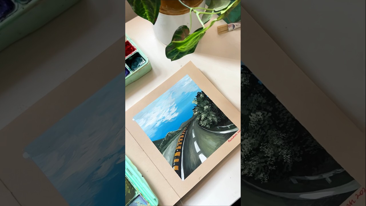 Road trips 🫶🏻 Landscape painting using gouache 🎨 #art #paintingideas