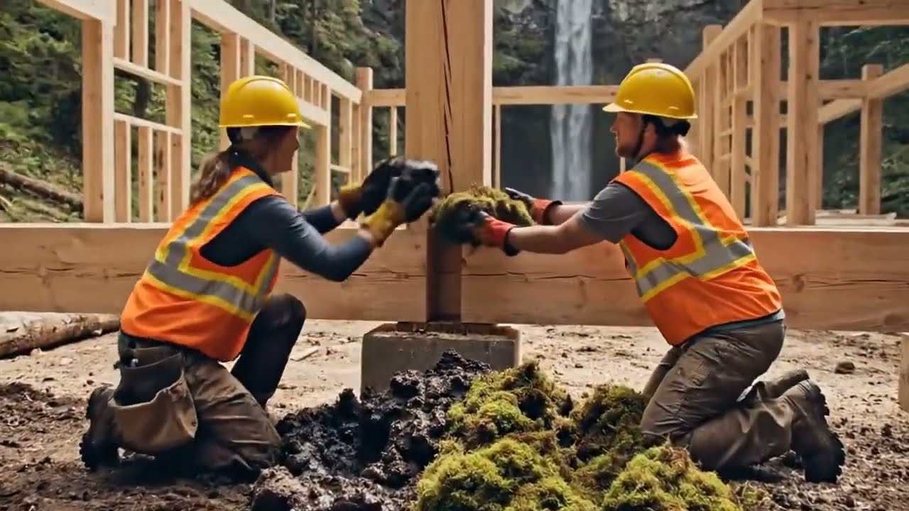 Building a wooden house in the forest by hand step by step near waterfall