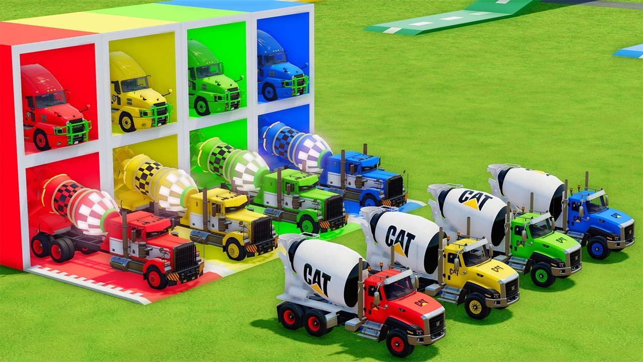 Garage with Colors - ALL MIXER TRUCK WITH DOUBLE FLATBED TRAILER TRUCK, MACK, TLX PHOENIX, CAT