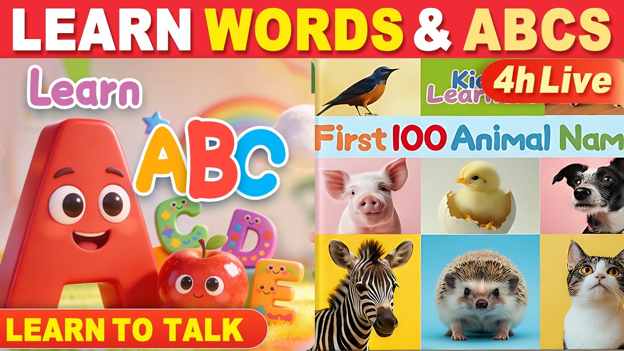 First 100 Animal Names & Learn ABC | 4-Hour Toddler Learning Live | Vocabulary & Animals for Kids