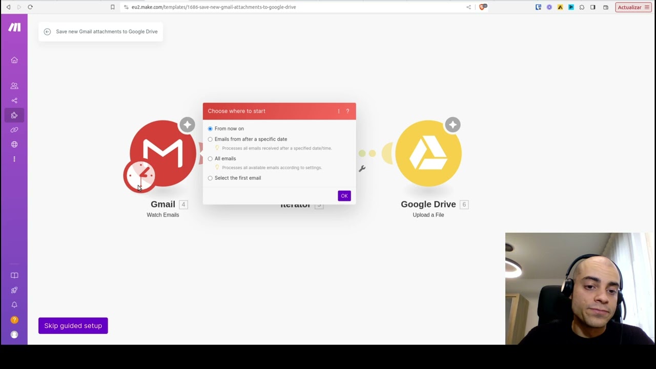 Tu primera automatización fácil y sencilla. Make.com descarga archivos adjuntos de Gmail en Drive