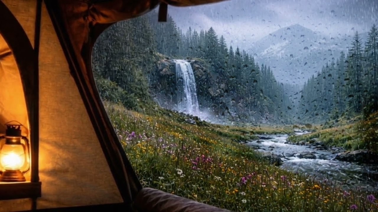 Rain on Tent | Waterfall Valley | Cozy Camping Sounds for Sleep