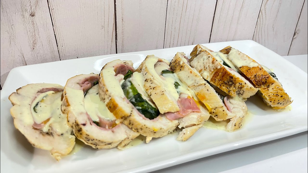 Receta fácil y deliciosa de medallones  de pollo relleno de jamón , queso y espinaca