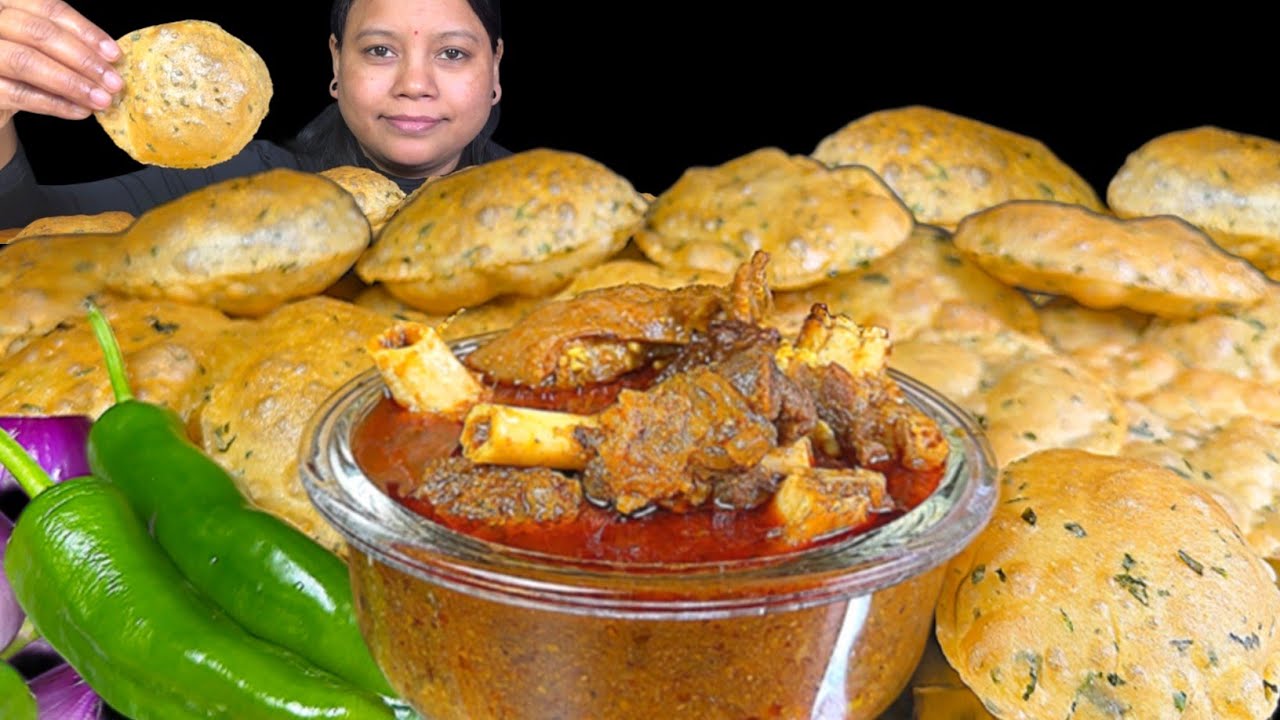 EATING METHI PURI/LUCHI WITH SPICY MUTTON CURRY & CHILLI | EATING SHOW | MUKBANG
