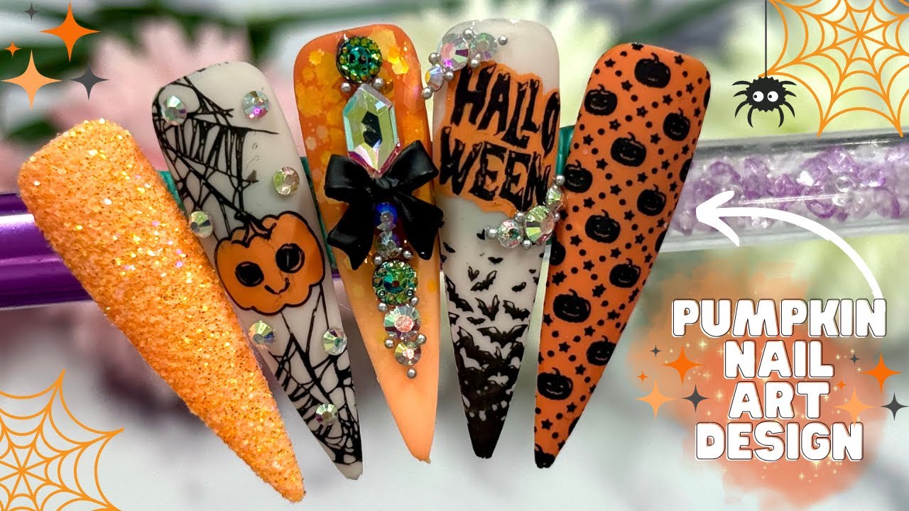 HALLOWEEN FUN NAIL ART! NAIL STAMPING PUMPKIN, SPIDER WEB & BATS| GLITTER NAILS| MADAM GLAM