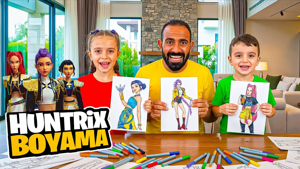 POYRAZ ELİF 3 RENK BOYAMA CHALLANGE!!! HUNTRİX KARAKTERLERİNİ ÇİZDİK!!
