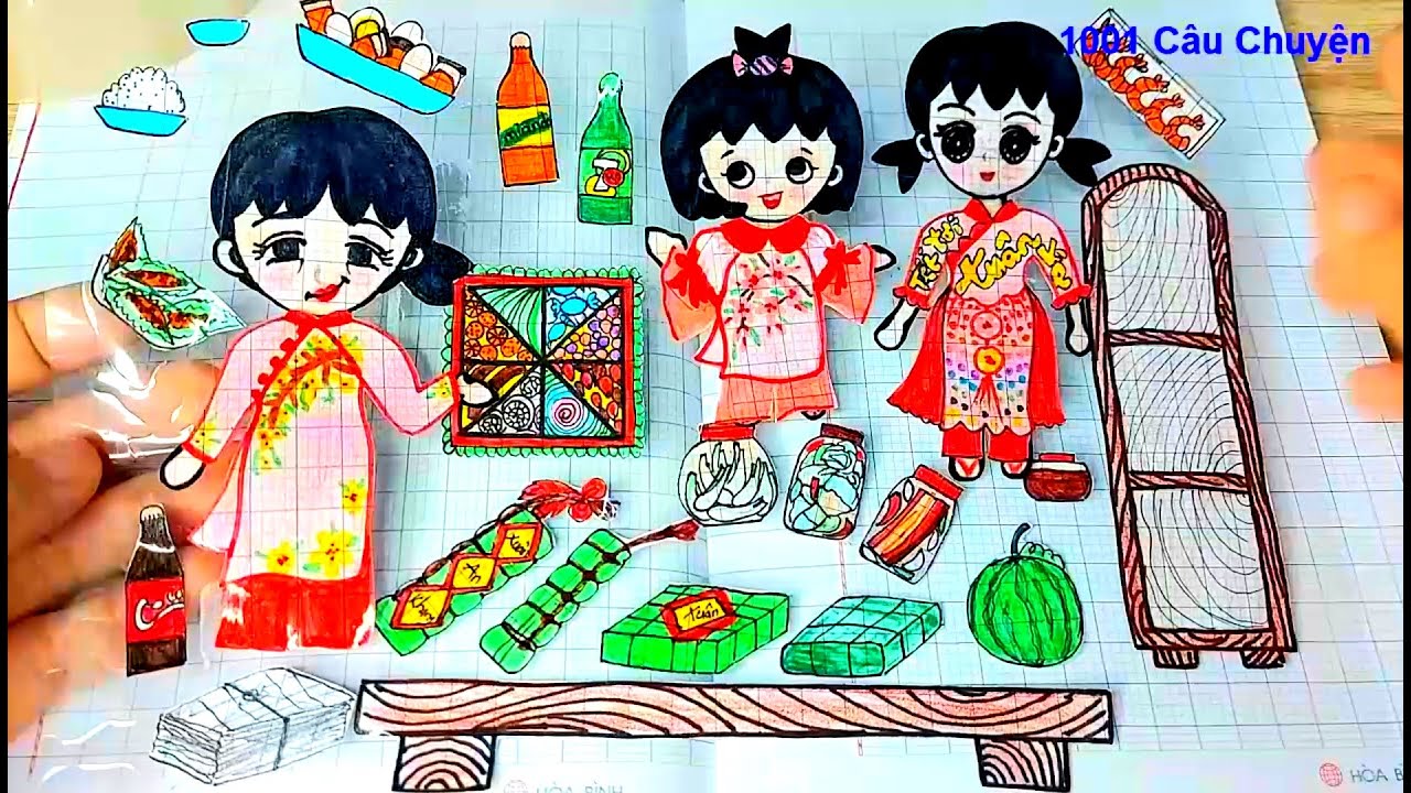Vẽ stickers món ăn ngày Tết nhà Suki:Hộp bánh mứt,Chai nước ngọt,Bánh Chưng,Bánh Tét,Củ kiệu,Tôm khô