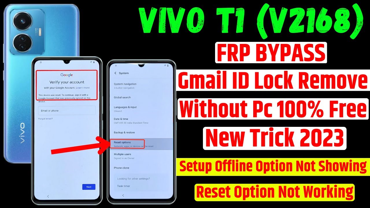 Vivo T1 Frp Bypass Android 13 Update 🔥 Setup offline option not showing 💥 👉Reset option not working👈