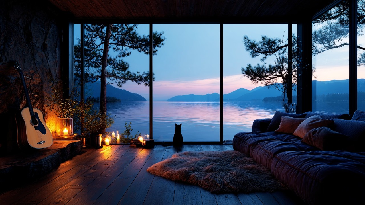 Serene Lakeside Cabin Evening | Black Cat, Acoustic Guitar & Warm Sunset Ambience