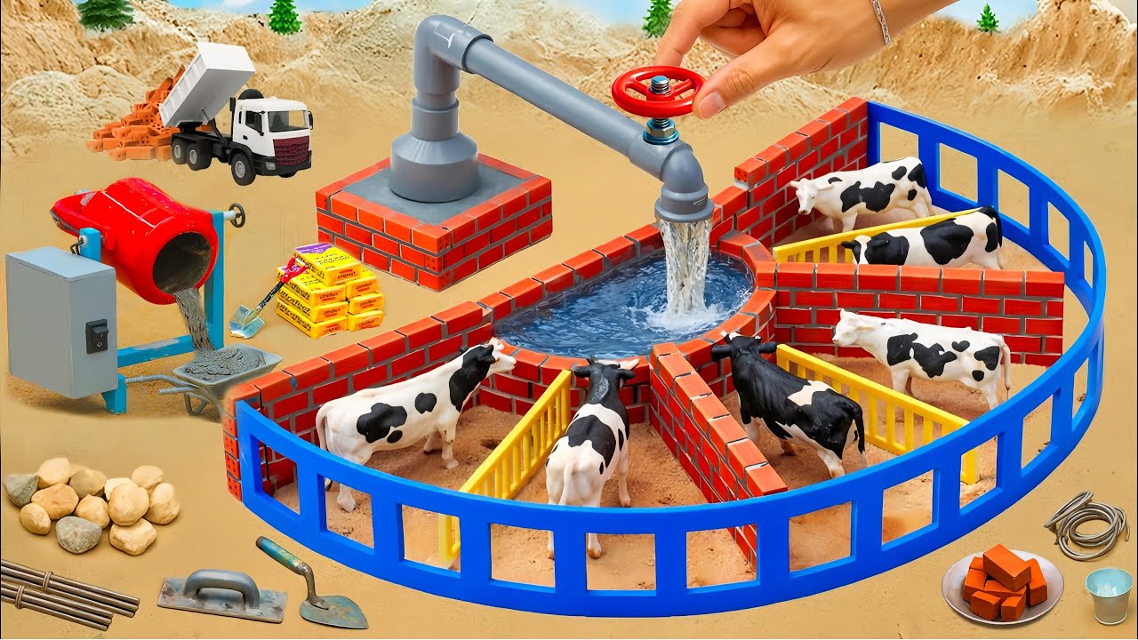 DIY Tractor Science Project Builds a Mini Brick and Cement Cow Shed with a Modern Water System