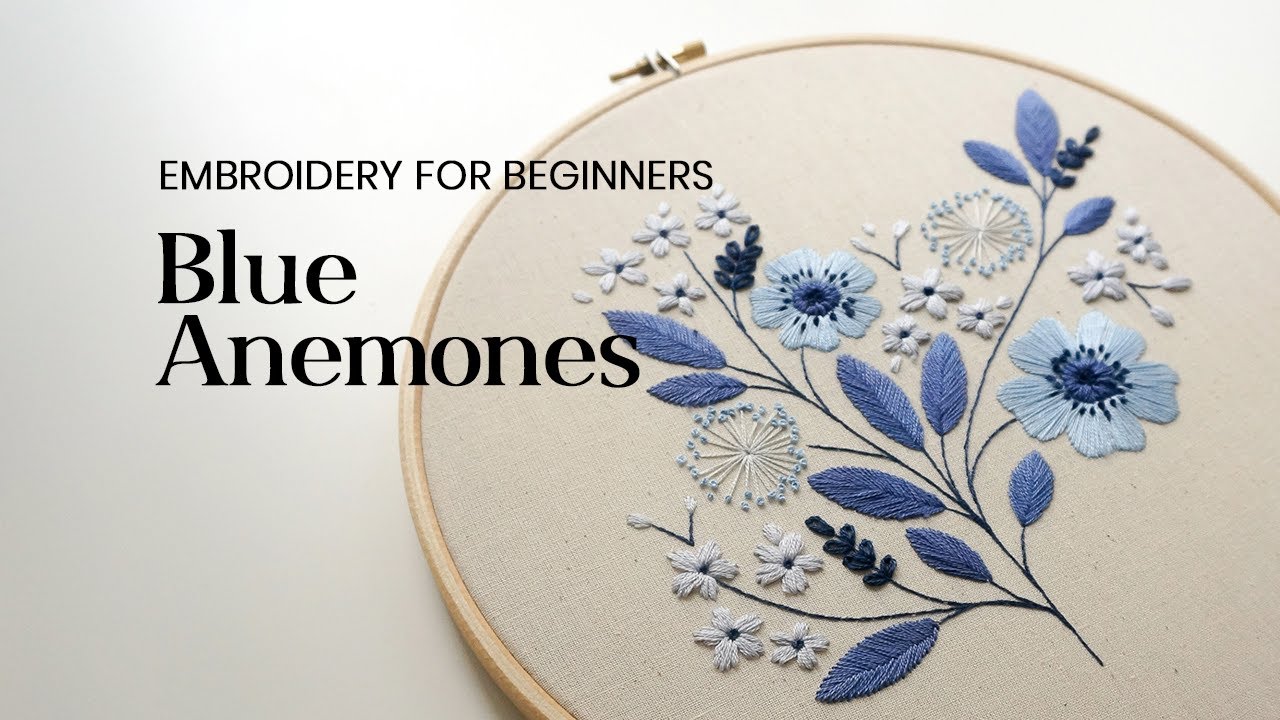 Blue Anemones. Simple Embroidery Pattern