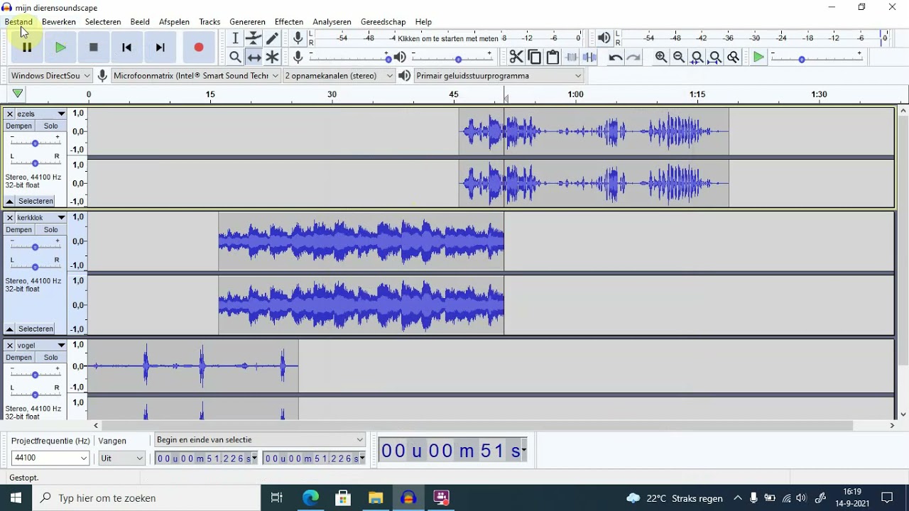 4  Audacity project opslaan en audio exporteren als mp3 bestand
