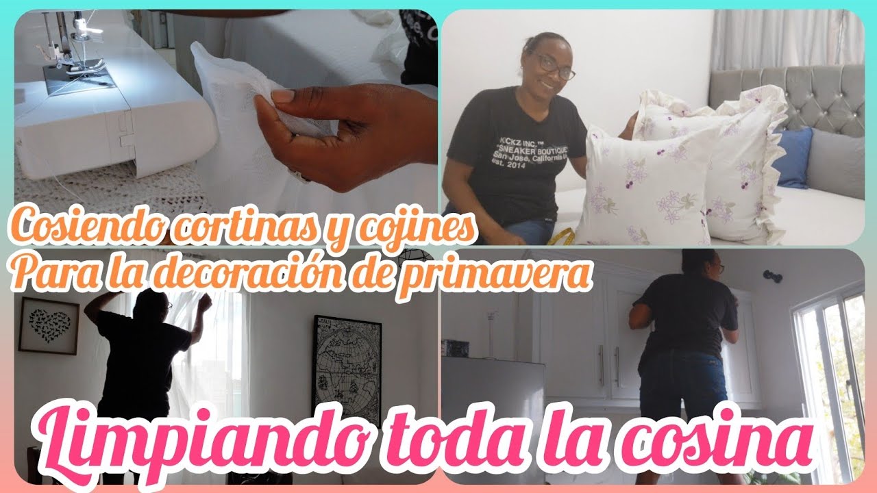 Cosiendo cortinas y cojines para la decoración de primavera. Limpieza profunda de mi cocina 