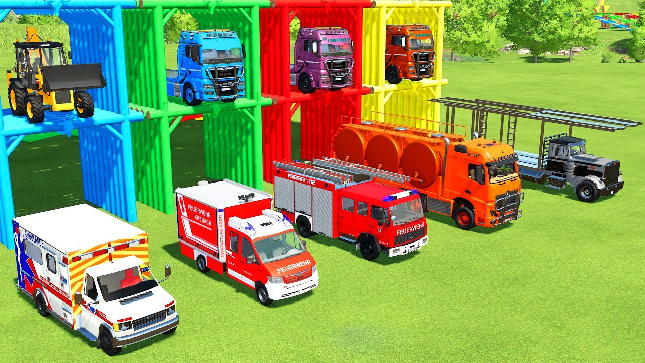 TRANSPORTING JCB LOADER, POLICE CARS, AMBULANCE, FIRE DEPARTEMENT TO GARAGE | FS22 SIMULATOR 22