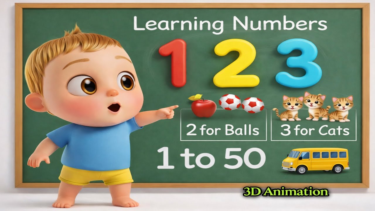 1 to 50 Counting for Kids | Learn Numbers 1–50 | 3D Cartoon Baby Learning |  numbers learning video