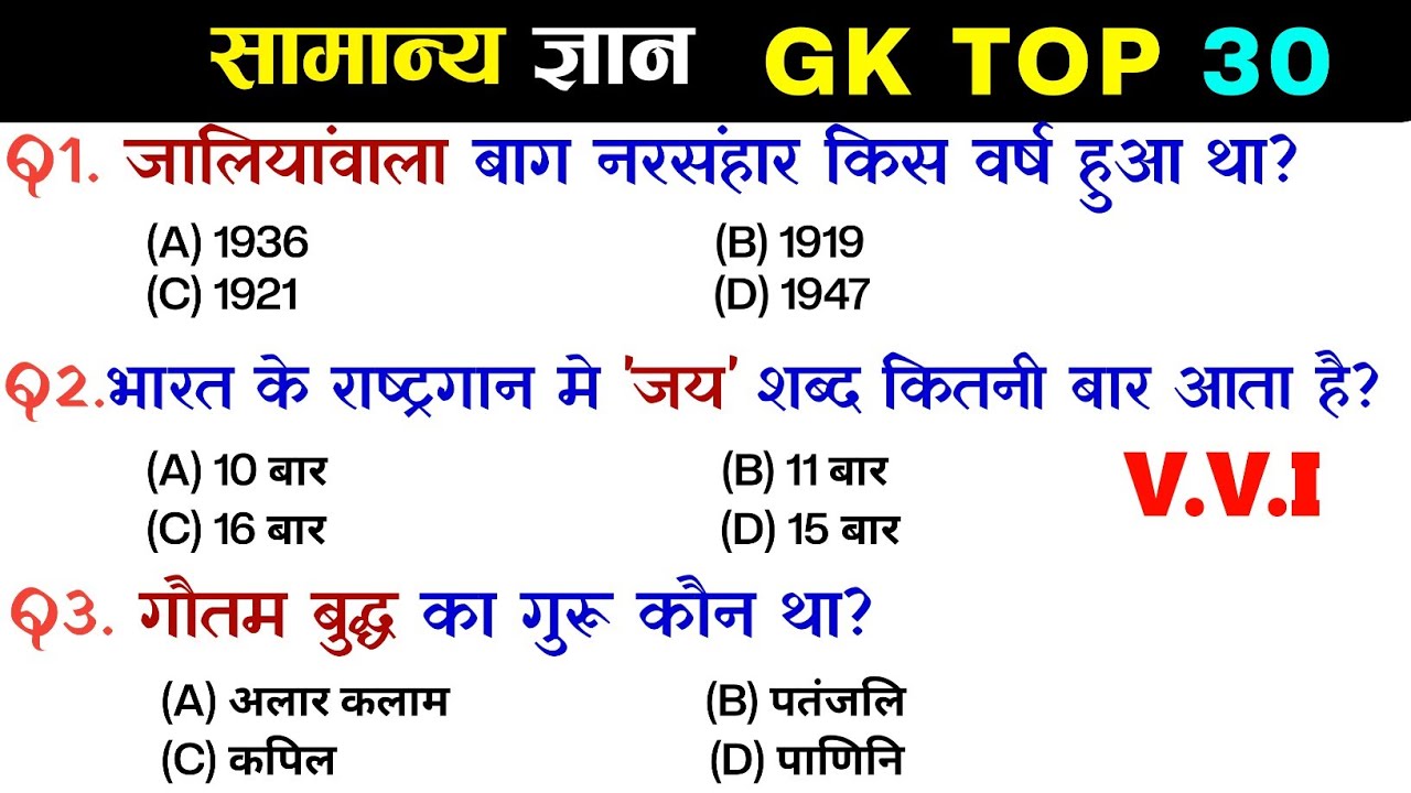 सामान्य ज्ञान | General Knowledge | Top 30 GK/GS questions | SSC GD, MTS, RPF, CRPF | GK quiz