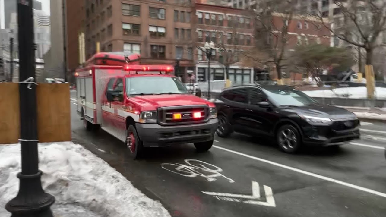 Boston MA Spare Tower Ladder 3, Res1cue, Division 1, and Dive Truck responding 