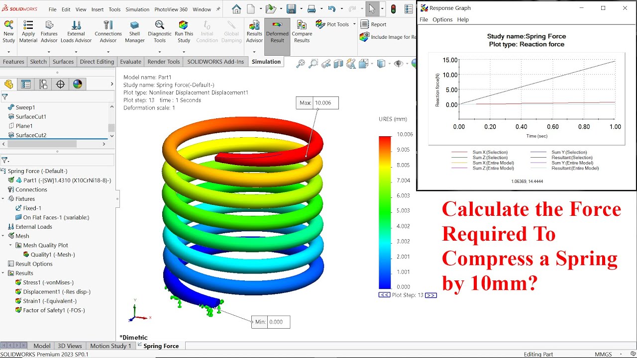 Calculate the  Force required to Compress a Spring by 10mm in SolidWorks Simulation ?