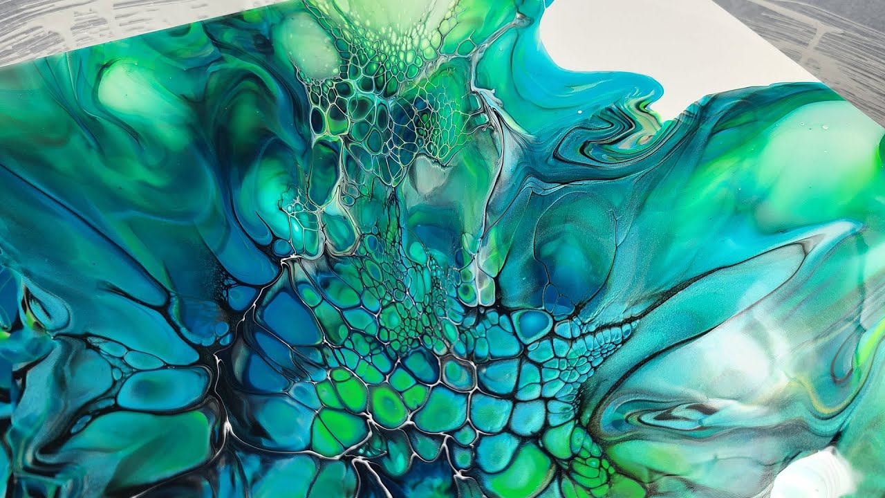 75. Turquoise, Gold, Black and Green SheleeArt Bloom Technique - Acrylic Pouring - Fluid Art