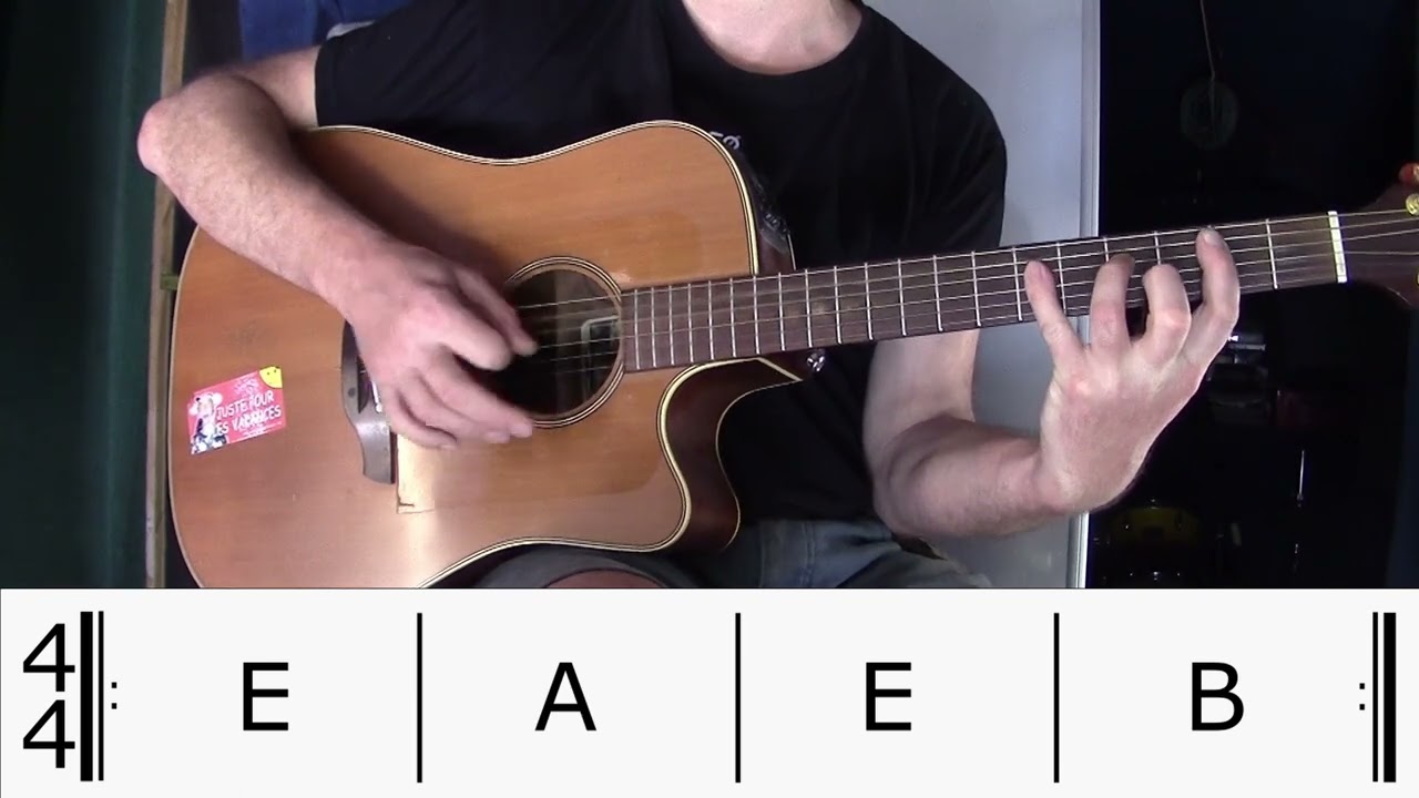 Blues en mi (6f) &agrave; la guitare : exercice sur 2 cordes graves sur les accords mi-la-mi-si.