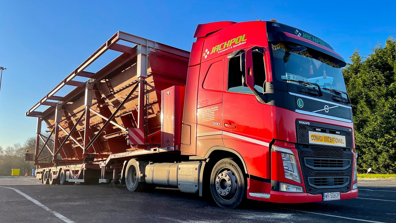 Specialist Polish Haulier Jackpol loaded with hoppers for Aberdeen, Scotland.