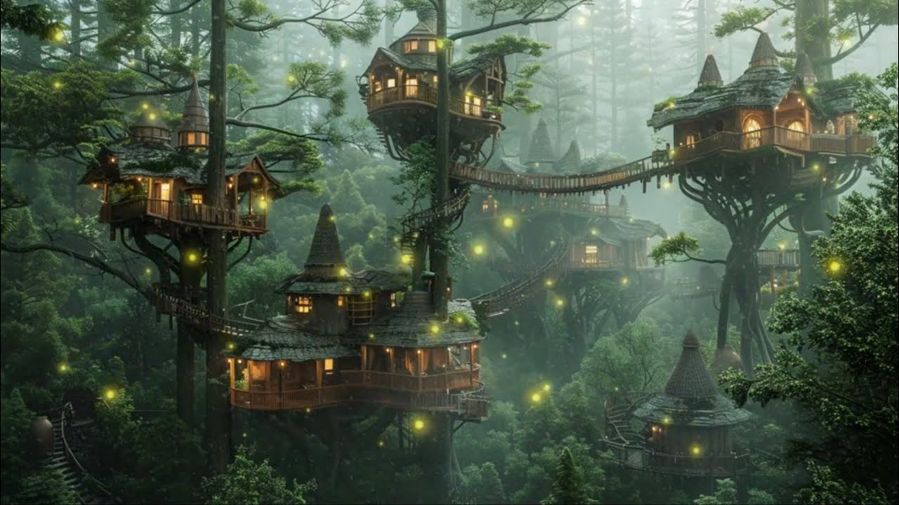 Enchanted Forest Treehouses 🌿 Soft Harp Music & Gentle Crickets ♥︎  Relax, Study, Sleep