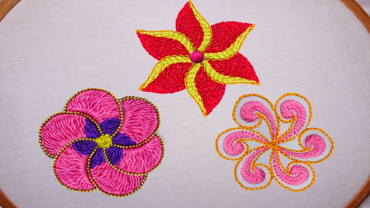 hand embroidery amazing 3 gorgeous flower design with easy sewing needle work in a video