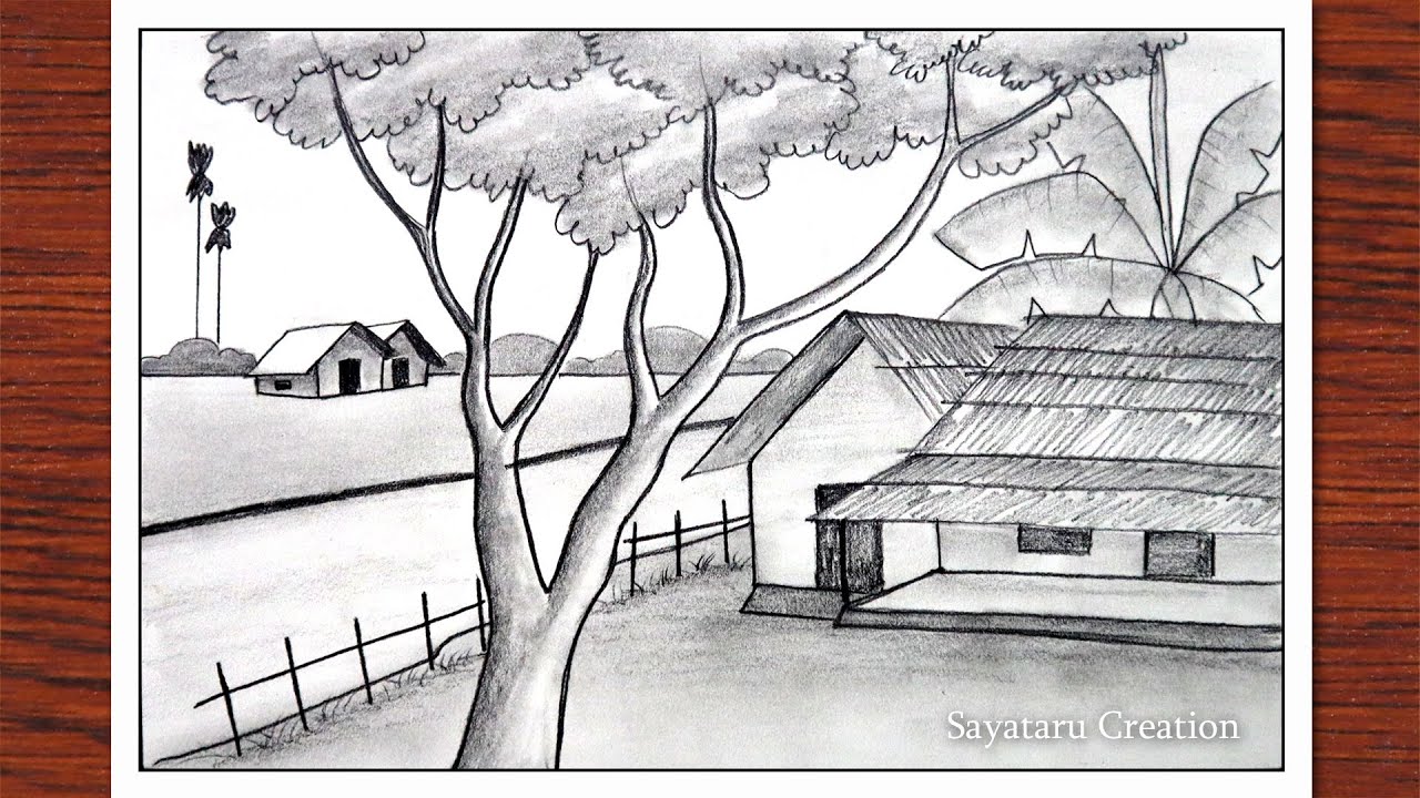 How to Draw easy Scenery with Beautiful Landscape, Village Nature drawing