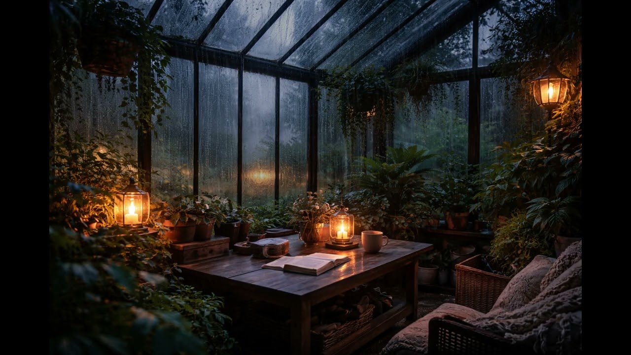 5 Hours Rainy Evening in a Cozy Greenhouse 🌧️ | Soft Rain & Warm Lantern Ambience