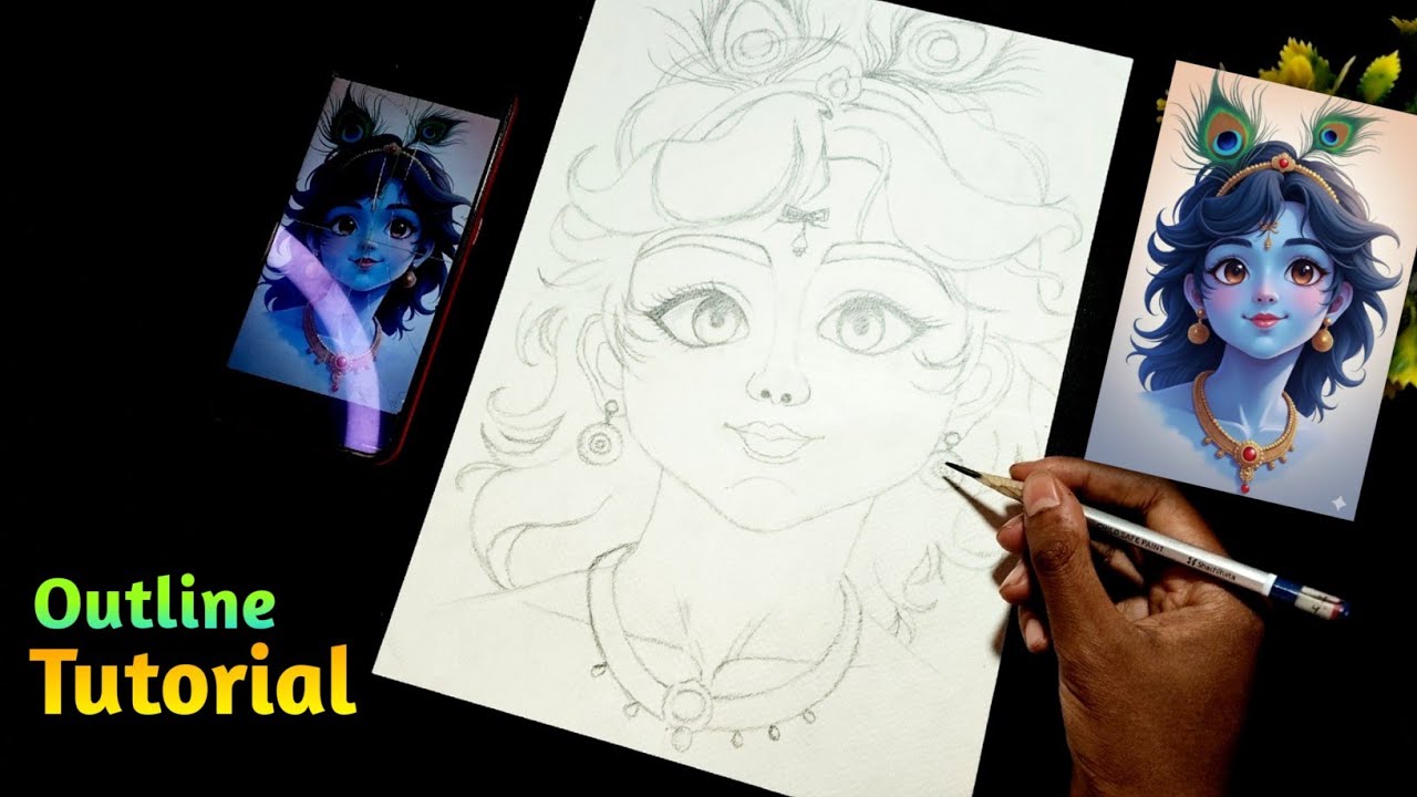 Draw With Me - Cute Krishna Drawing,  Outline Tutorial,  Step By Step 😍