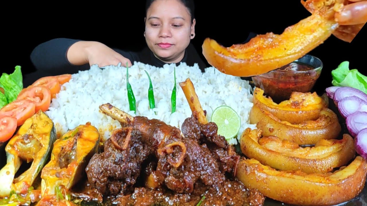 ASMR EATING SPICY MUTTON KALA BHUNA, PORK BELLY, FISH CURRY WITH RICE | INDIAN FOOD MUKBANG