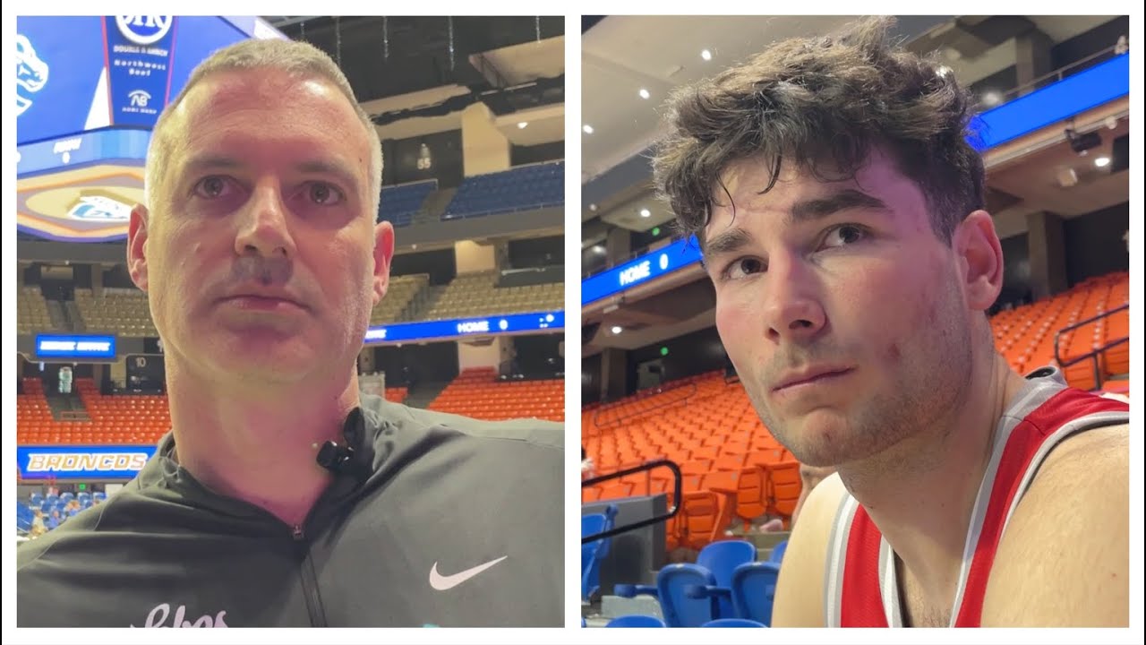 UNM Lobo coach Eric Olen and forward Tomislav Buljan after losing at Boise State (12/30/25)