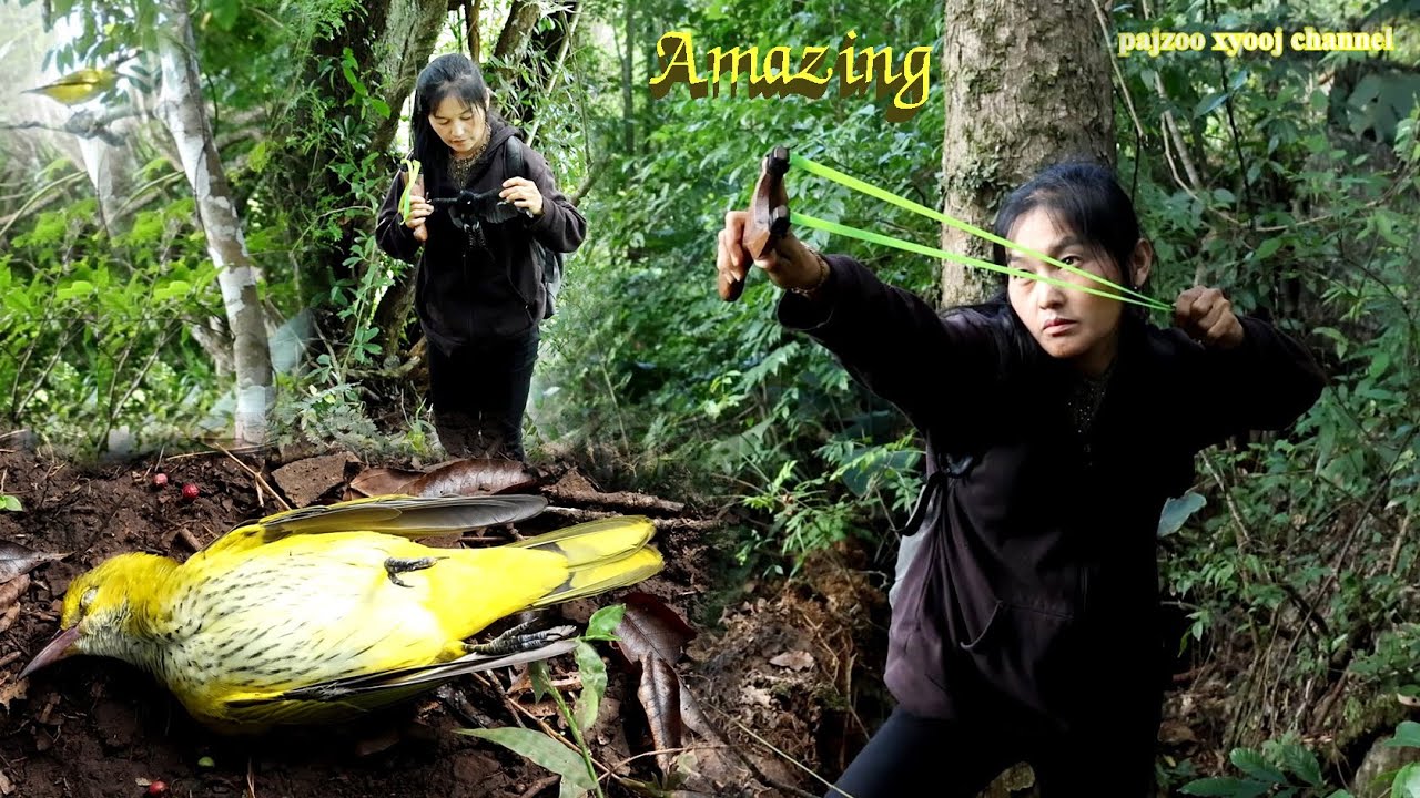 Slingshot hunting wild birds สาวดอย เดินป่าล่านก