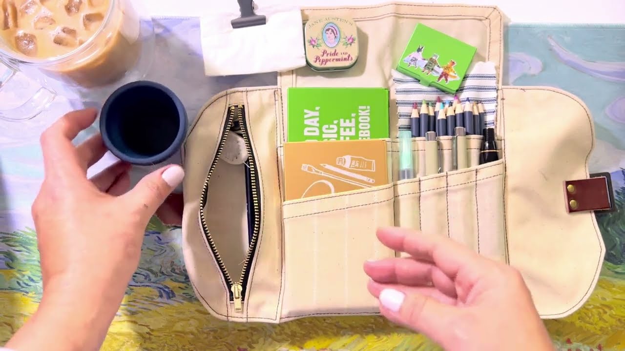 Plein air watercolor travel supplies in my Peg and Awl mini Sendak artist roll.