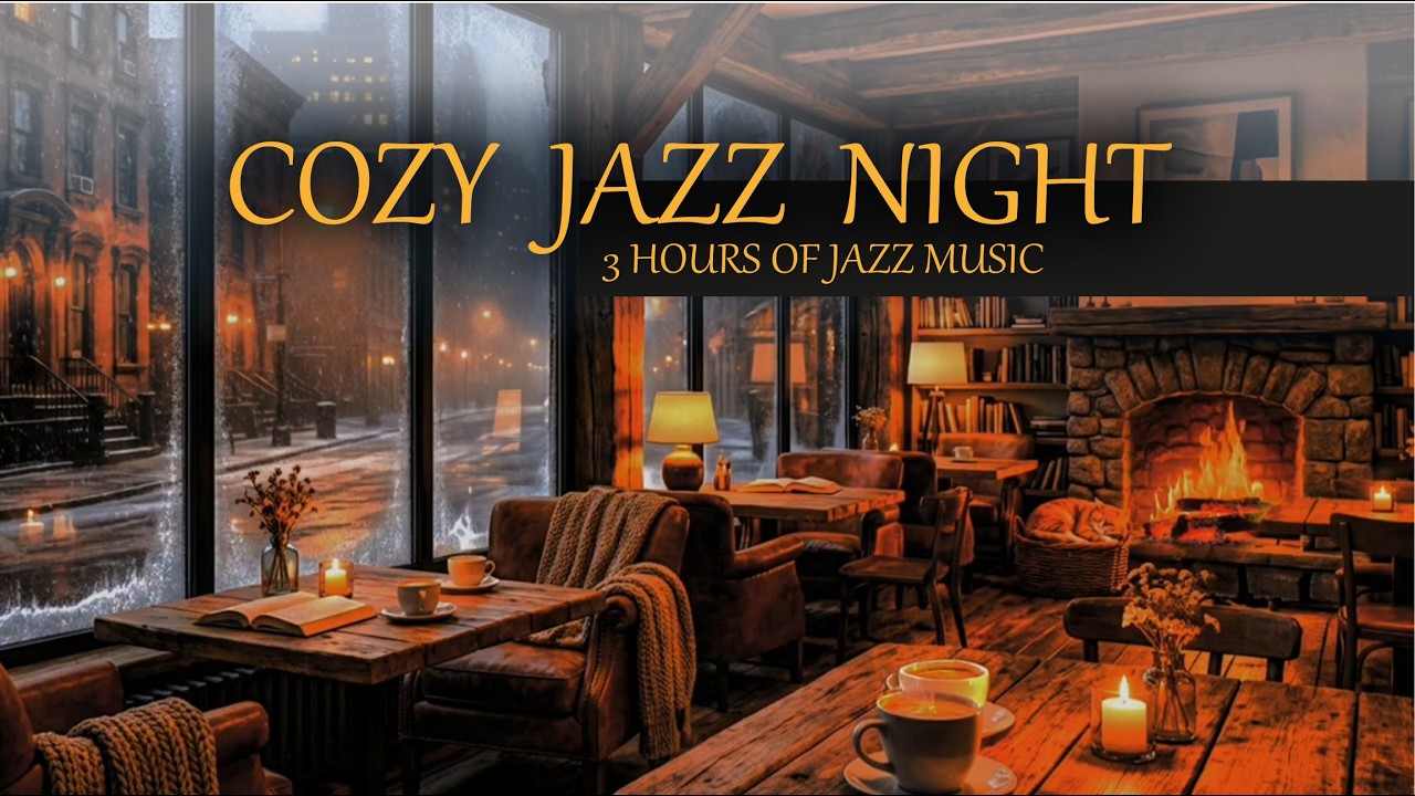 Snowy Night Jazz Cafe Ambience ☕ Cozy Fireplace Coffee Shop Jazz Music for Study, Work & Relax