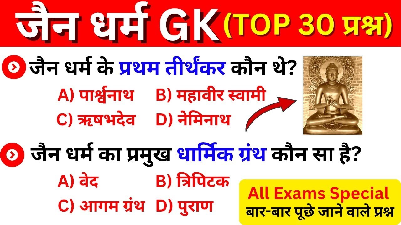 जैन धर्म GK MCQ 🔥| Jain Dharma के Top 30 महत्वपूर्ण प्रश्न | All Exams | Jainism History 