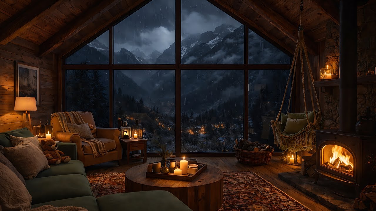 Cozy Mountain Cabin During a Thunderstorm | Rain & Fireplace Sounds