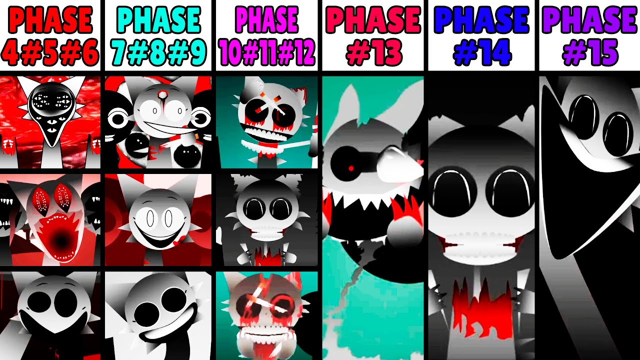 Phase 4 VS Phase 5 VS Phase 6-7 VS Phase 8 VS Phase 9 VS Phase 10-13-15 in Incredibox Sprunki Mix!
