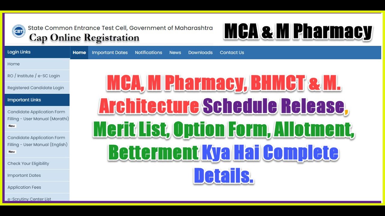 MCA & M Pharmacy 2020-21 Schedule,  Online Registration, Option Form Allotment, Freeze Process.
